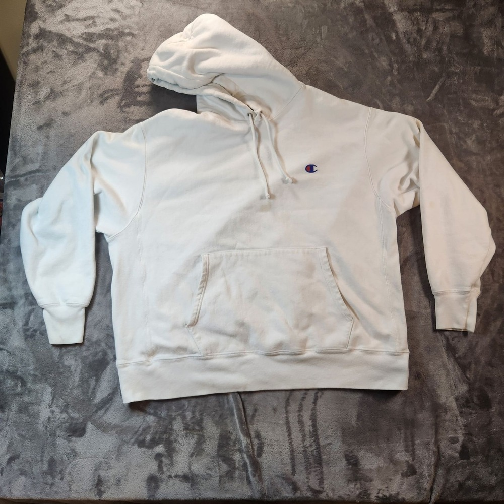 Champion Hoodie Mens 2XL White Reverse Weave Fleece Pullover Embroidered Logo